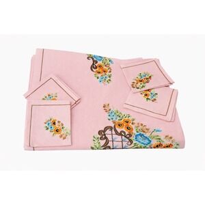 Vintage Pink Tablecloth 72"x68" 4 Matching Napkins Vibrant Floral Embroidered